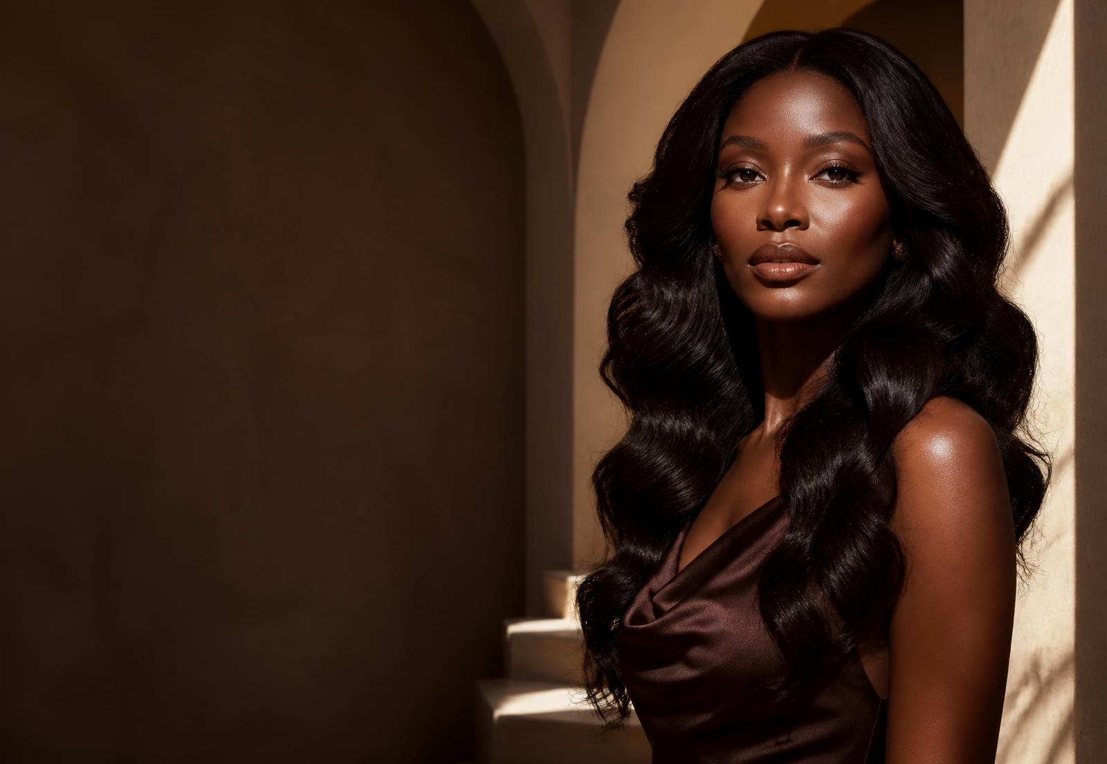 Woman wearing long glossy body-wave hair